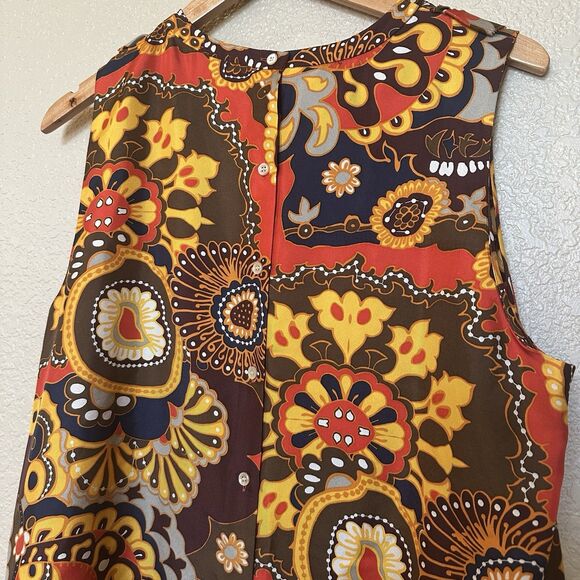 J Crew Darwin Sleeveless Blouse Size 14 Neck Ruffle Orange Brown Mosaic - Picture 5 of 6